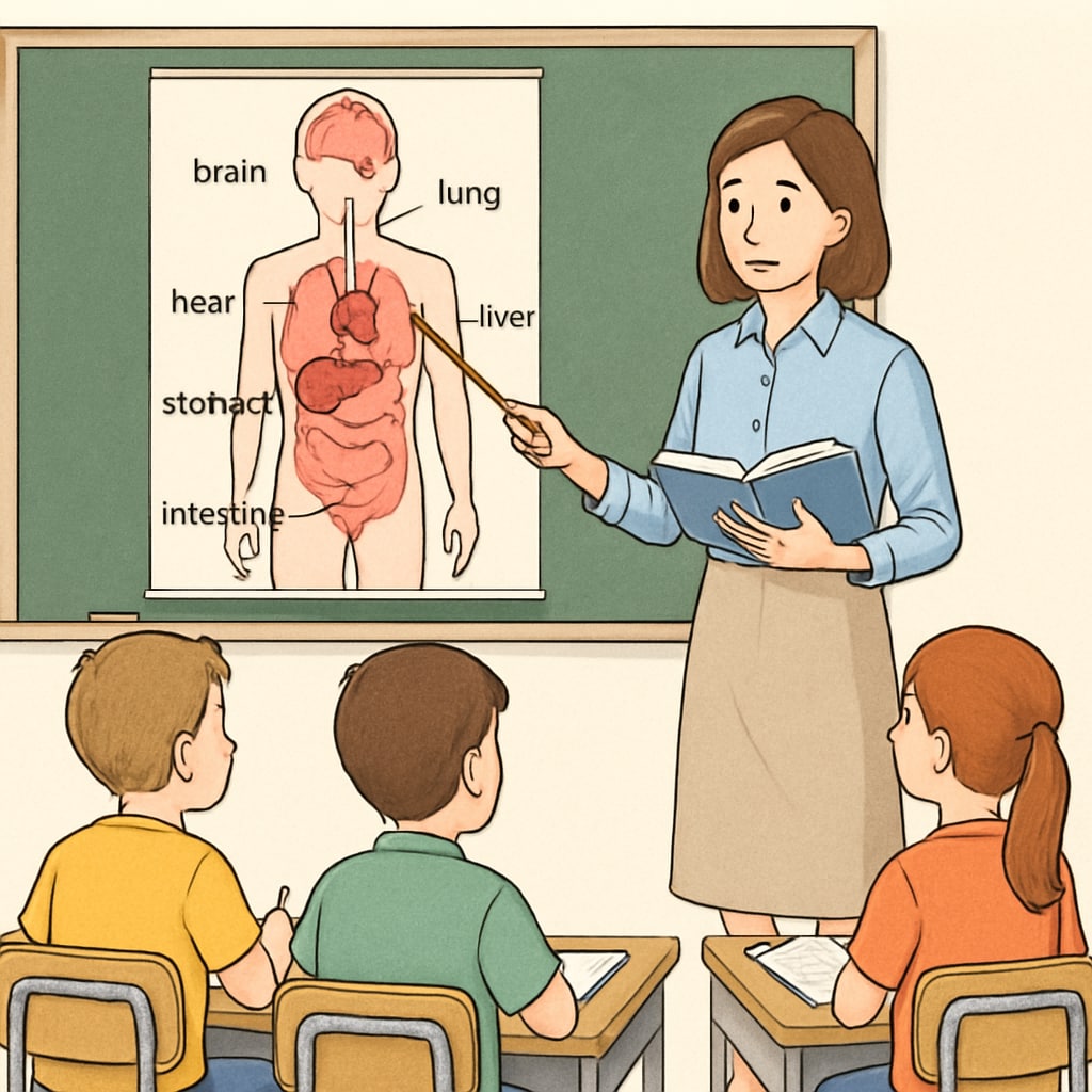 A teacher explaining basic human anatomy to students in a classroom setting. Teacher explaining human anatomy to students as part of medical education.