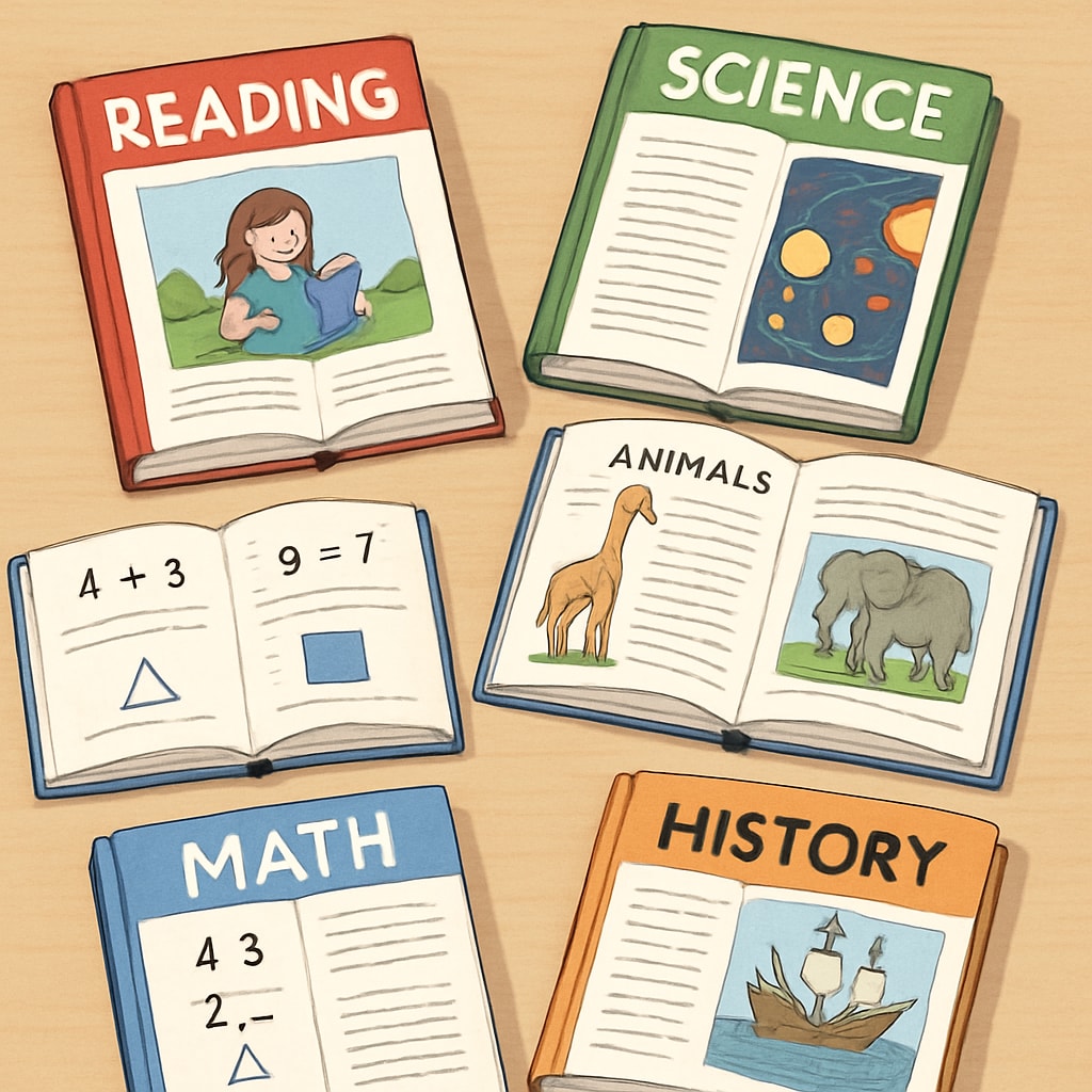 A close-up of various educational textbooks open on a desk, highlighting diverse reading levels and genres. Textbooks of varying reading complexity open on a desk