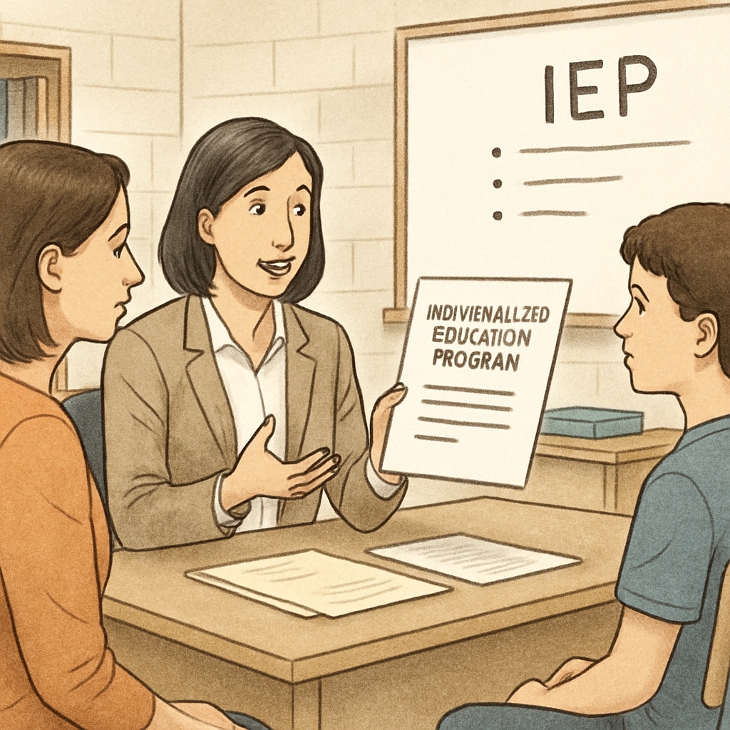 A teacher explaining an Individualized Education Program to a parent and student in a classroom setting. A teacher discussing an IEP with a parent and student, showcasing the importance of tailored educational plans.