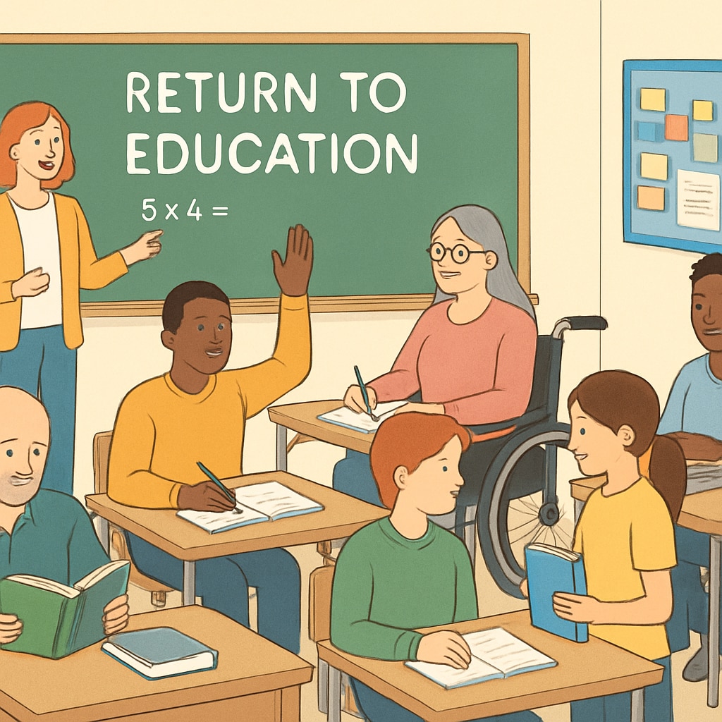 A classroom with students of mixed ages engaging in learning activities, illustrating the inclusivity of returning to education in the UK. Classroom with diverse students, supporting education interruption return in the UK.