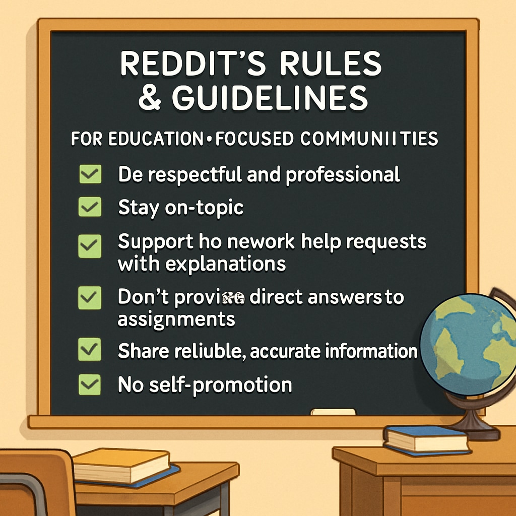 A visual representation of Reddit's rules and guidelines for education-focused communities, showing a checklist of rules with a classroom backdrop. Reddit education community rules checklist with classroom background.