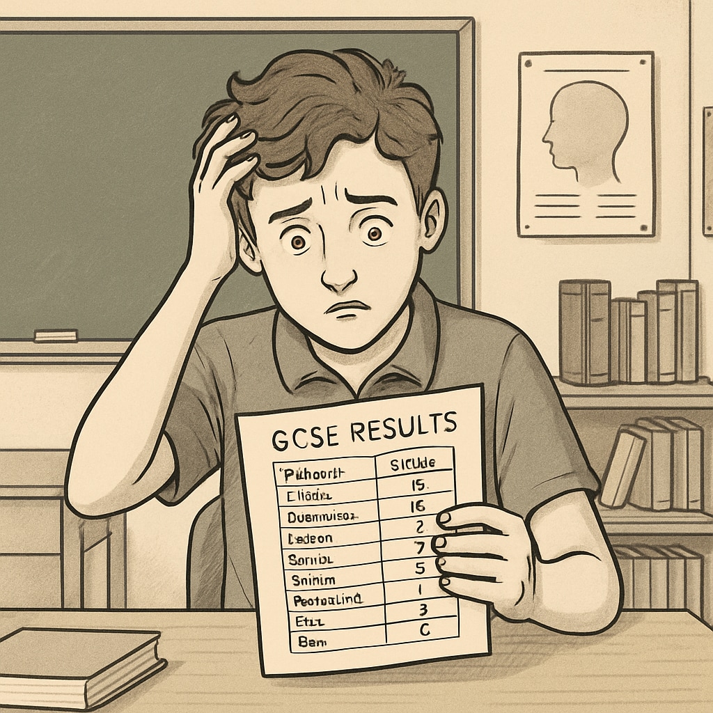 Student reacting to GCSE results in a school environment, reflecting anxiety and hope.