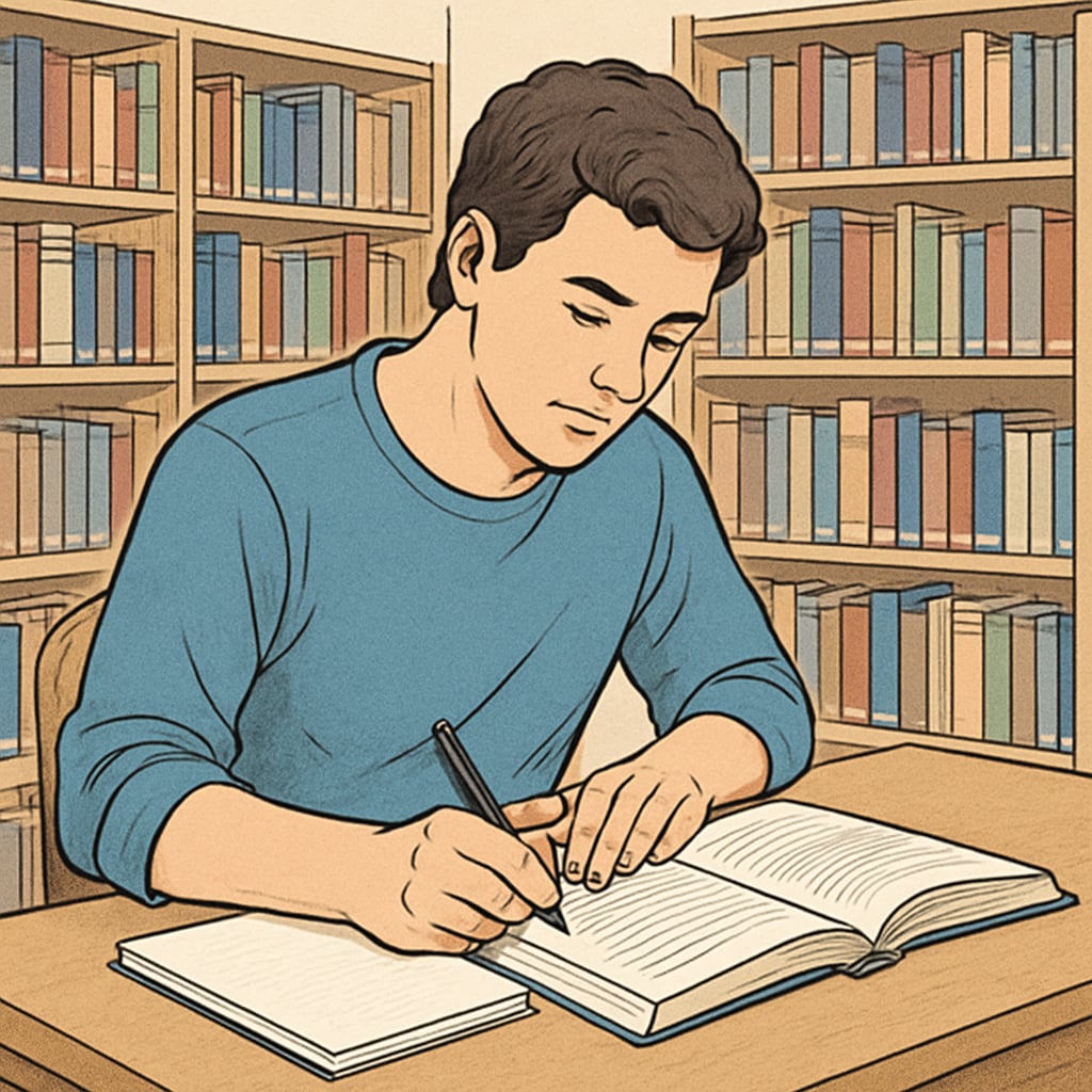 A young adult in a library, reading and taking notes, representing the process of reintegrating into education. Young adult in a library, symbolizing returning to education after interruption.
