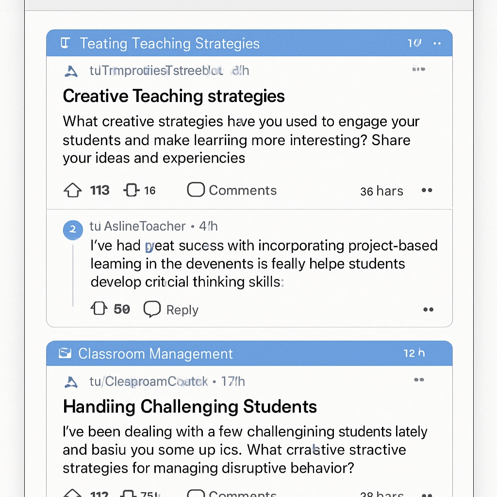 A screenshot of r/Teachers subreddit showing discussions about innovative teaching methods and classroom management. Screenshot of r/Teachers subreddit discussing teaching methods and classroom tips.