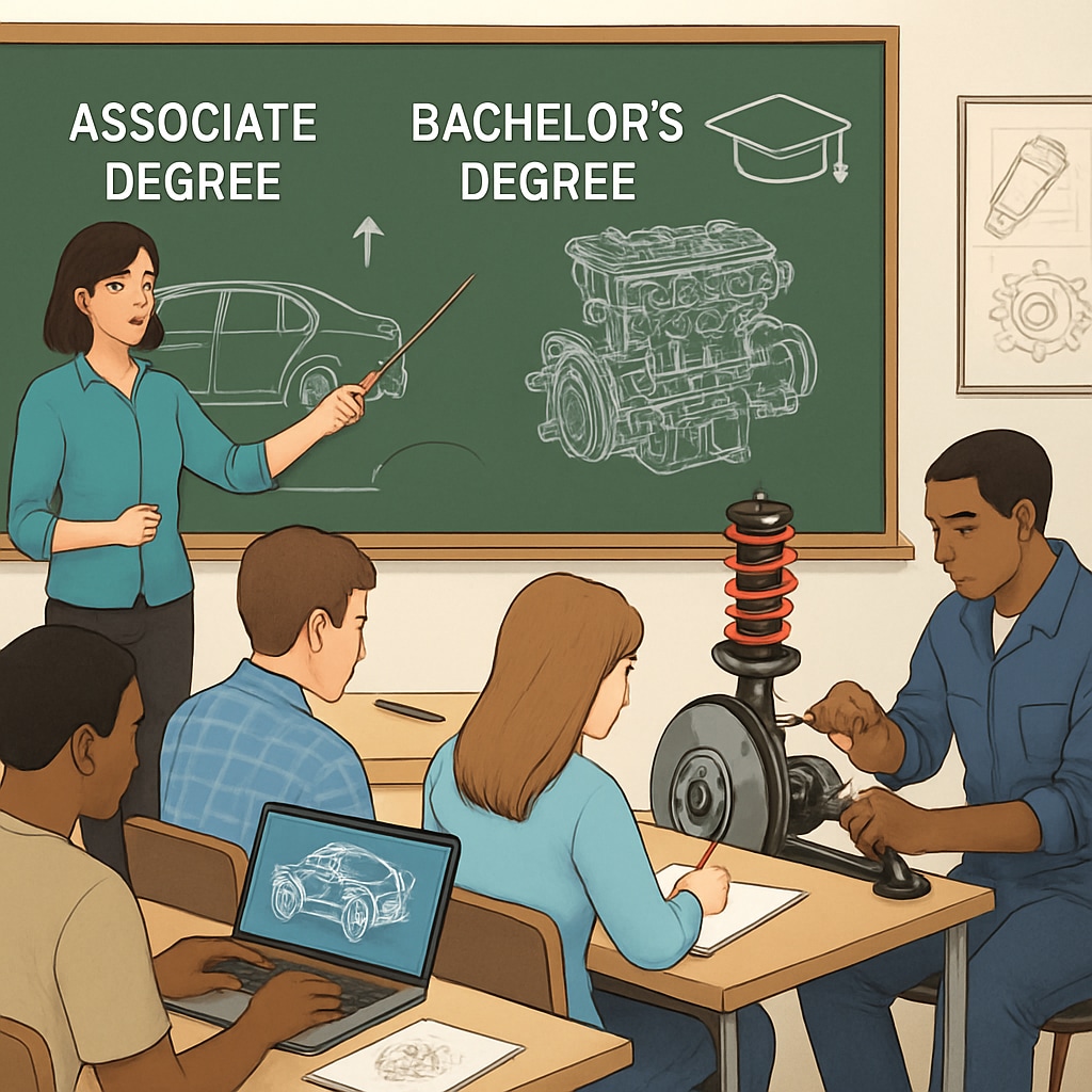 A classroom with students learning automotive engineering concepts, representing the academic journey from associate to bachelor’s degree. Students studying automotive engineering in a classroom.