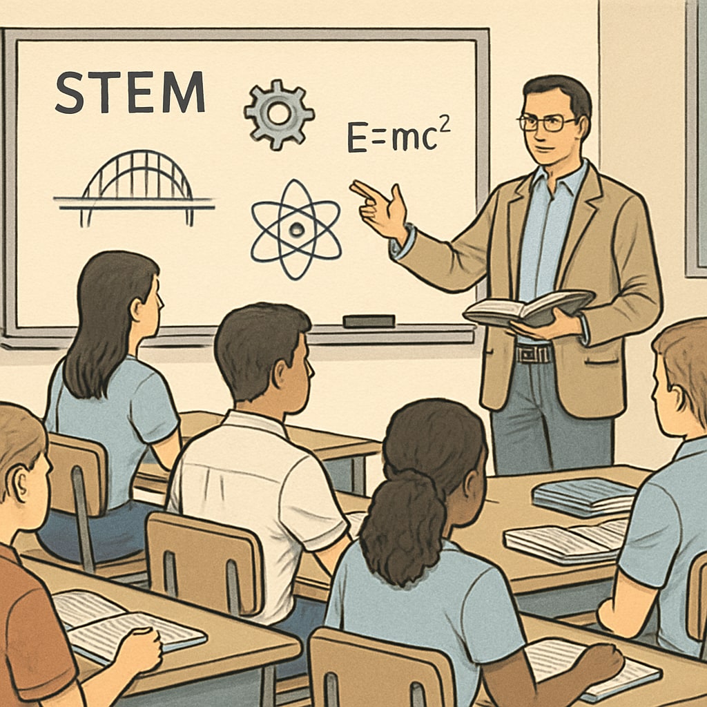A classroom setting with a teacher explaining STEM concepts to high school students. A teacher explaining STEM concepts to high school students in a classroom.