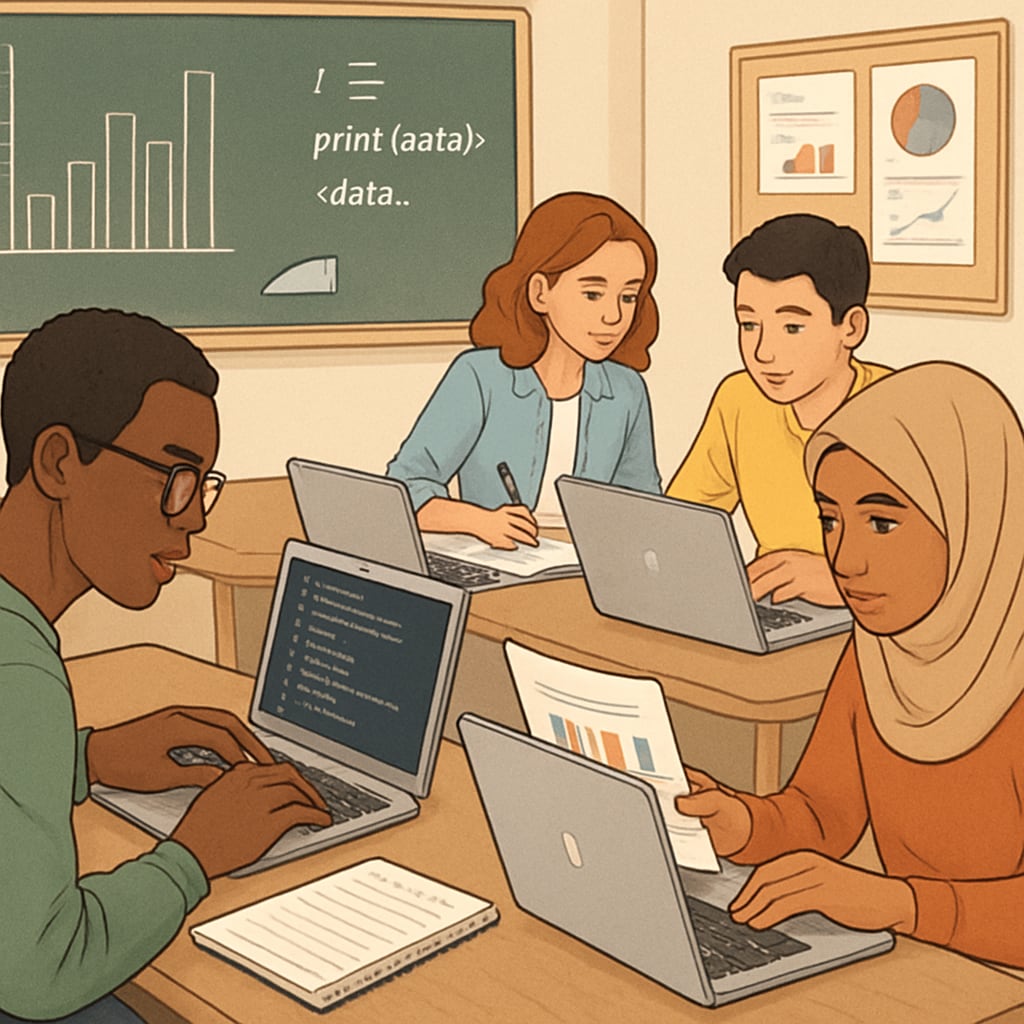 A classroom setting with international students working on coding and data analysis projects, symbolizing academic preparation for data science programs. International students coding and analyzing data in a classroom setting for data science preparation.