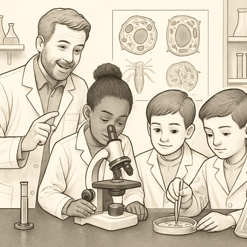 A teacher conducting a hands-on biology experiment with students in a laboratory. A teacher demonstrating a biology experiment to students in a lab setting.
