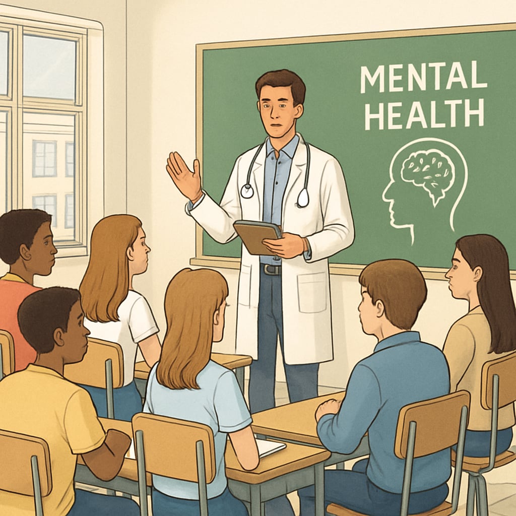 A group of high school students attentively listening to a mental health seminar led by a young medical student. High school students at a mental health seminar hosted by a medical student.