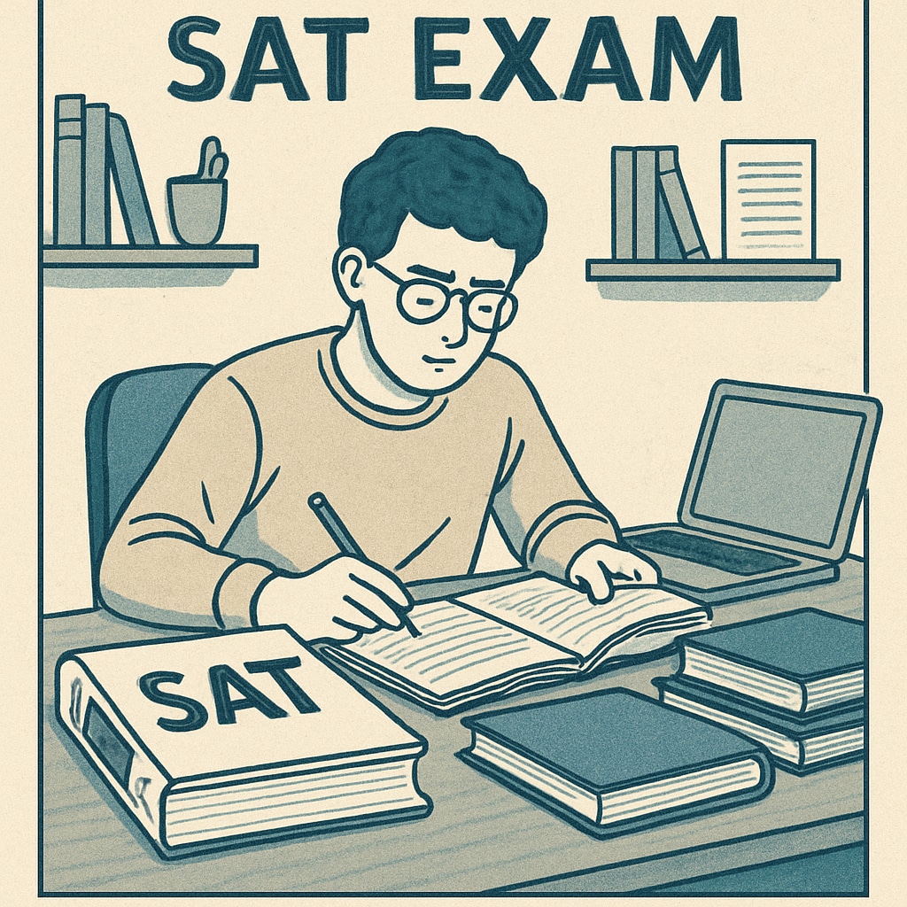 A student preparing for the SAT exam with study materials and a laptop on a desk, emphasizing the importance of standardized testing in university applications. International student preparing for SAT with study materials for U.S. university applications.