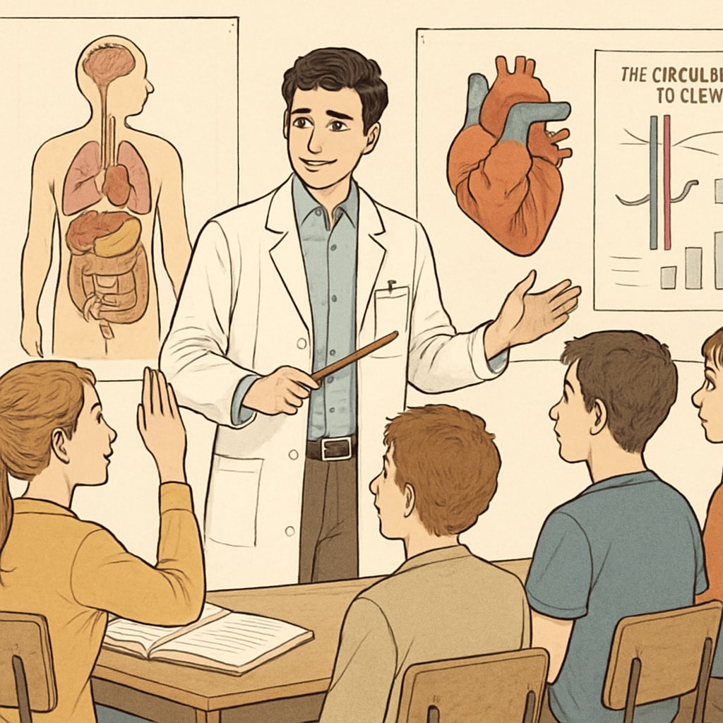 A medical student leading an interactive activity with high school students, using visual aids like posters and charts. Medical student conducting an interactive mental health activity with high school students.