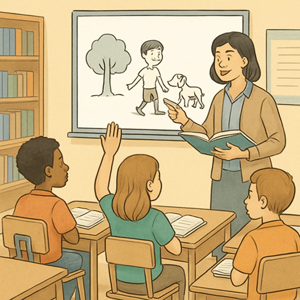A teacher conducting a reading activity with students in a classroom, fostering discussion about a story. Teacher leading a reading comprehension activity with elementary students.