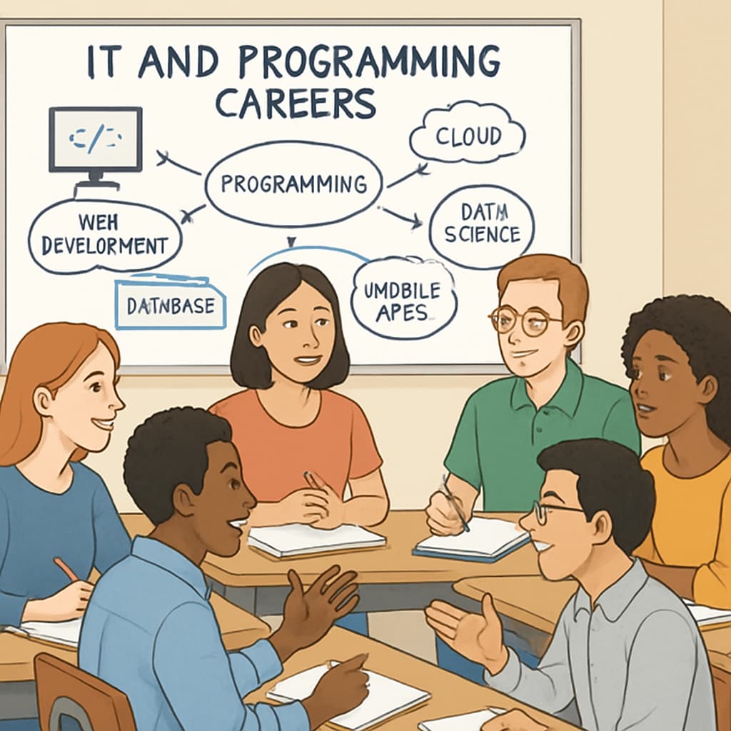 A group of students discussing IT and programming career options in a classroom setting. Students discussing IT, programming, and technical career paths in a classroom.