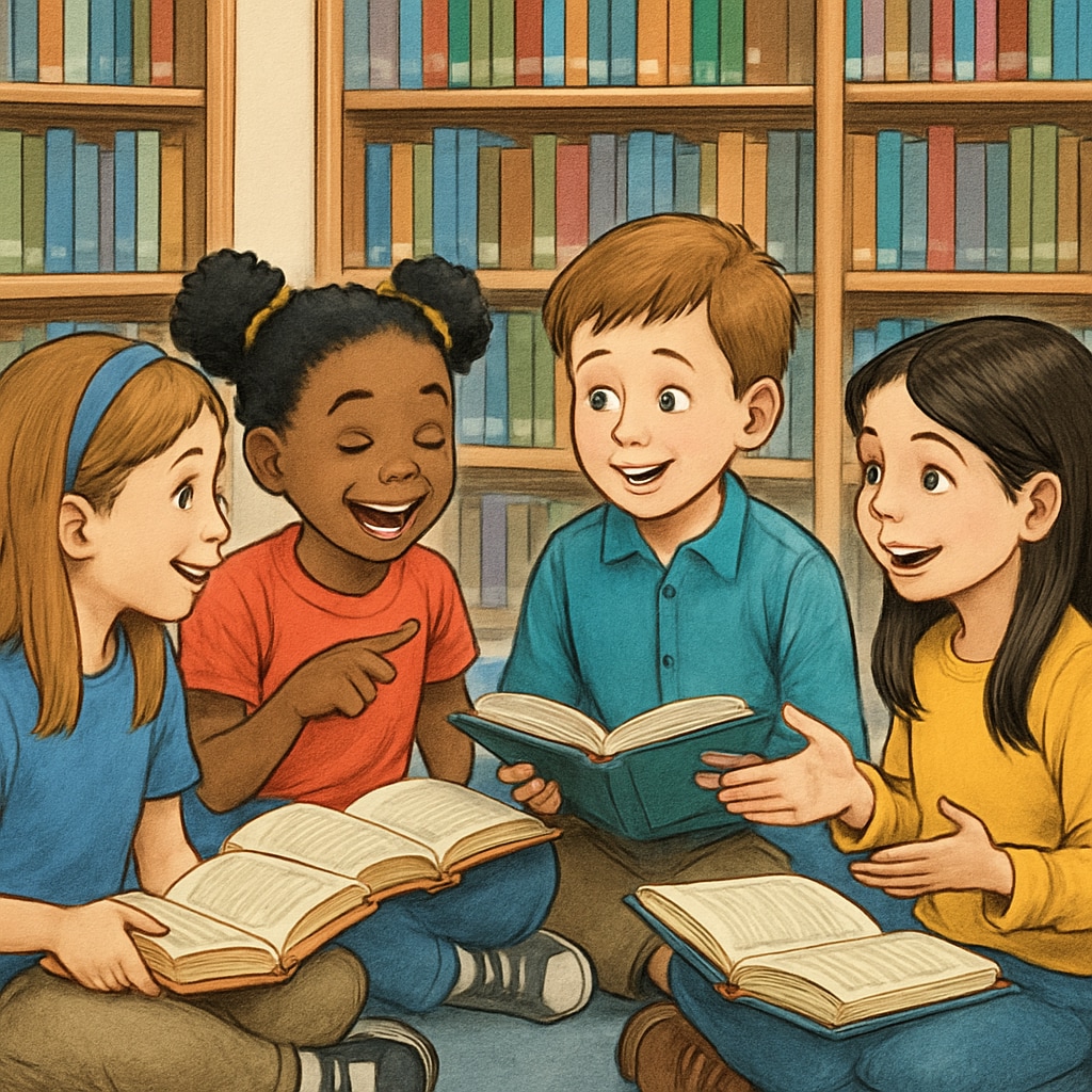 Children reading books in a library, smiling and discussing their favorite parts of the story. Group of children engaged in reading books and sharing ideas in a library setting.