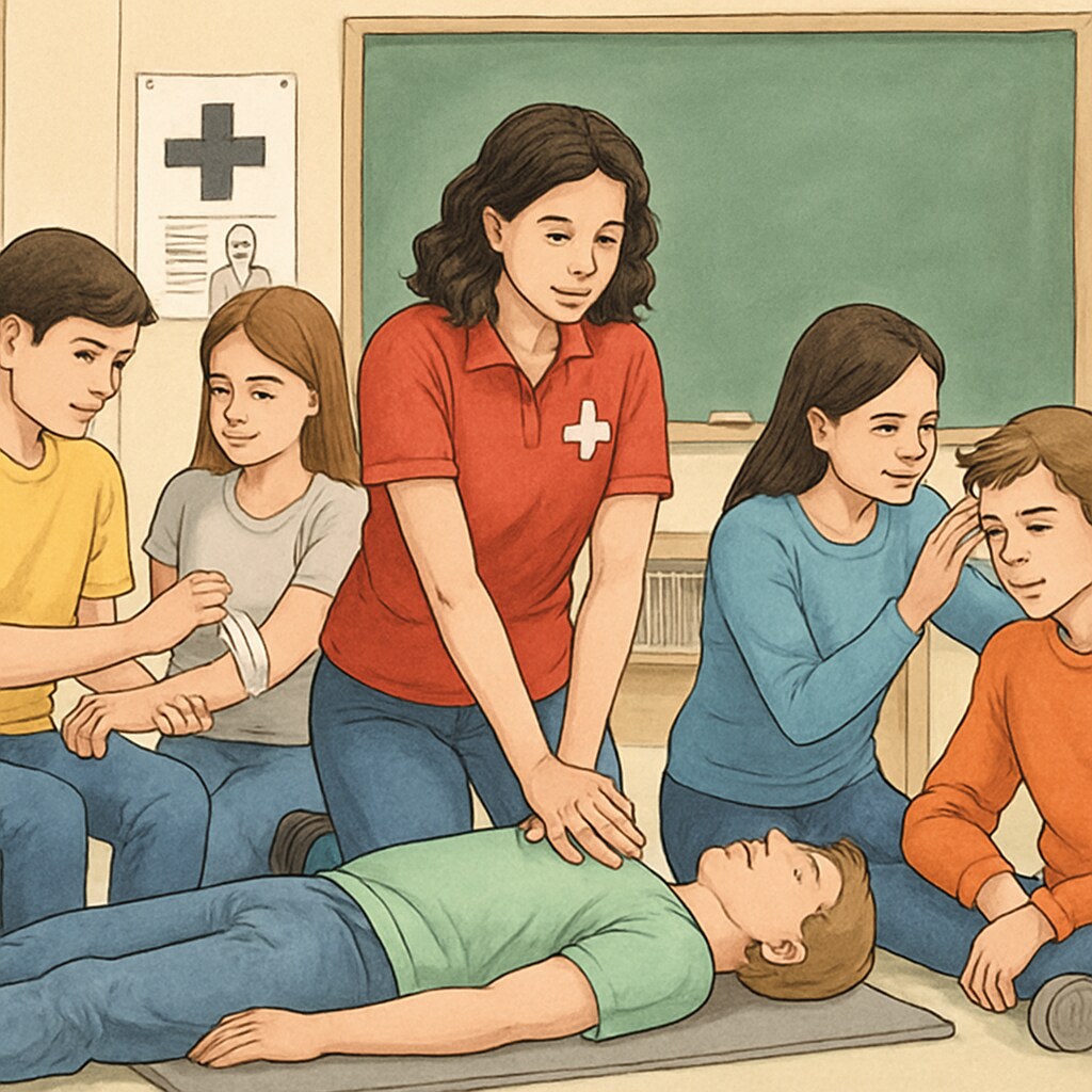 A group of high school students participating in a first aid training session, symbolizing early healthcare exposure. High school students learning first aid as part of healthcare preparation.