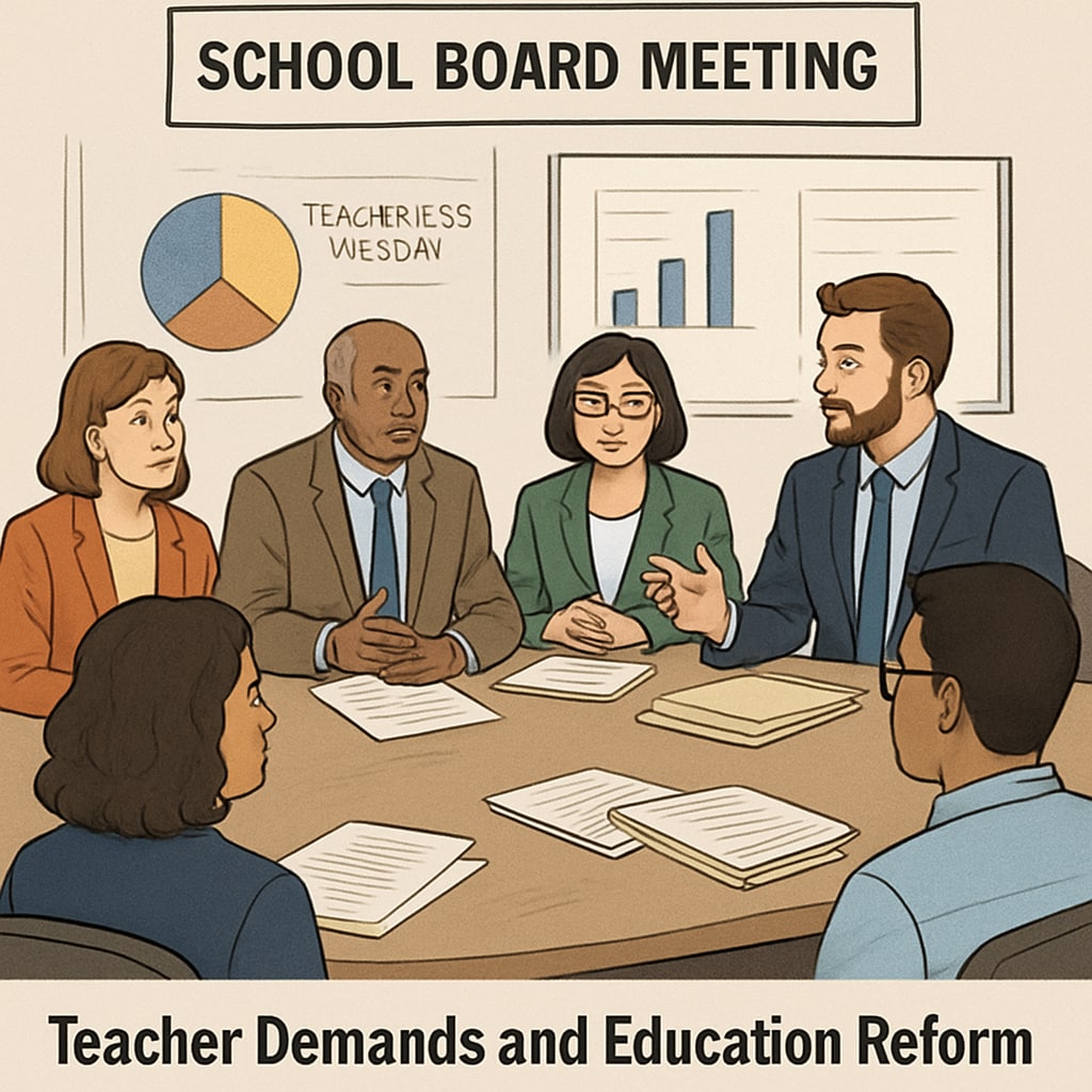 School board meeting addressing teacher demands amidst Teacherless Tuesday advocacy.