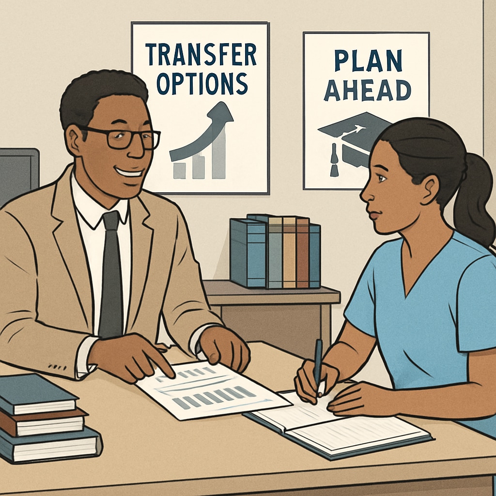 A college counselor discussing transfer options with a nursing student, emphasizing the importance of planning. College counselor advising a student on nursing program transfers.