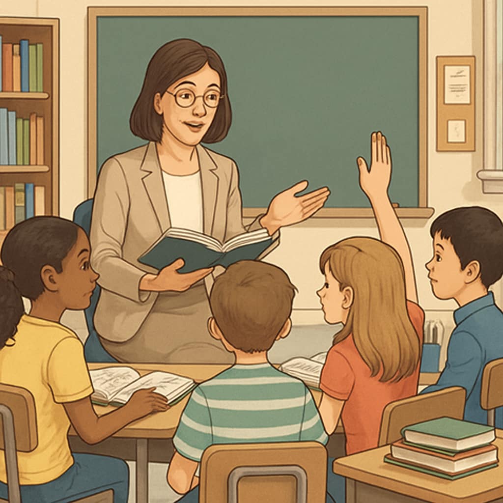 An elementary school teacher engaging with students during a reading activity. The teacher emphasizes the importance of text complexity and comprehension in the lesson. Elementary school teacher working with students on reading comprehension and text complexity.