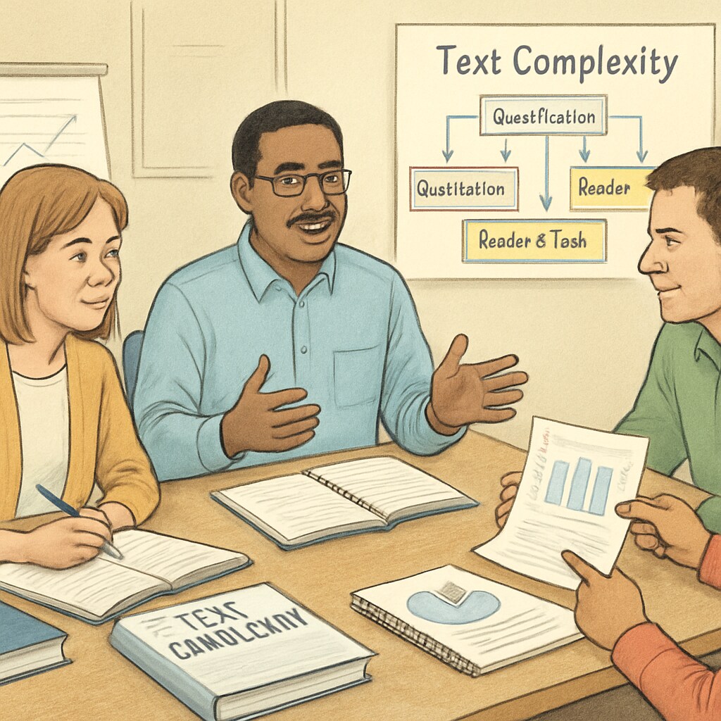 A group of middle school teachers collaborating during a professional development workshop focused on text complexity research. Middle school teachers discussing text complexity and reading strategies in a workshop.