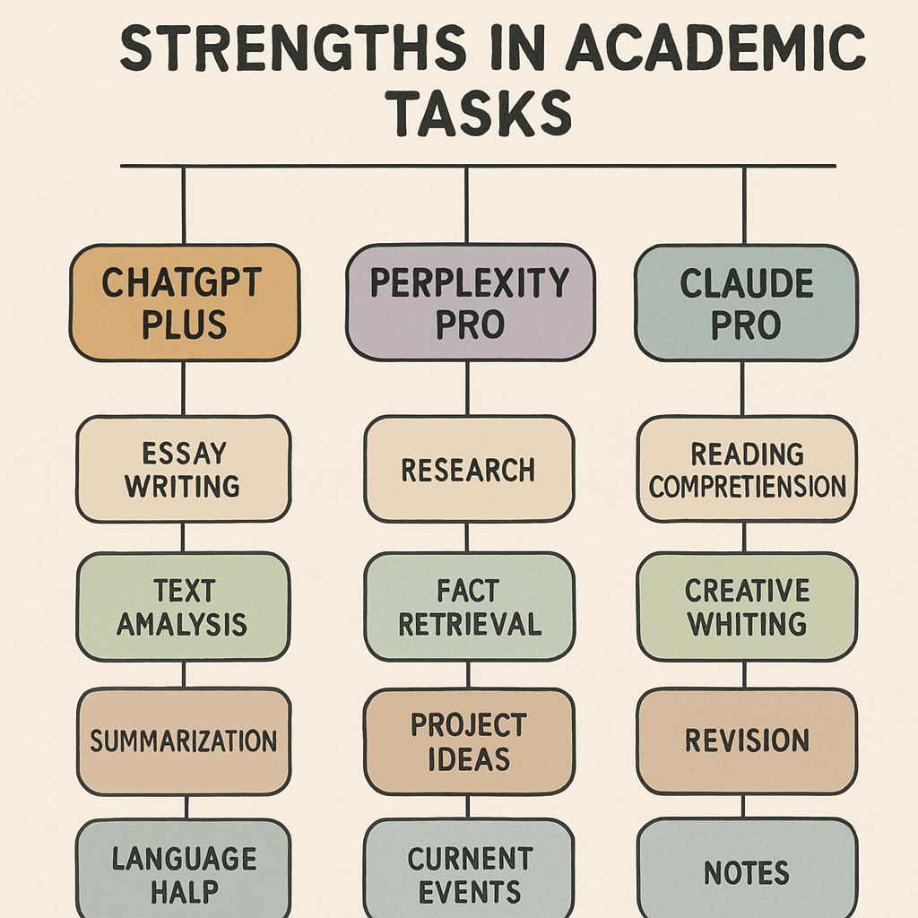 A visual representation of a flowchart comparing the strengths of ChatGPT Plus, Perplexity Pro, and Claude Pro in various academic tasks. A comparison chart highlighting key academic features of AI tools like ChatGPT Plus, Perplexity Pro, and Claude Pro.