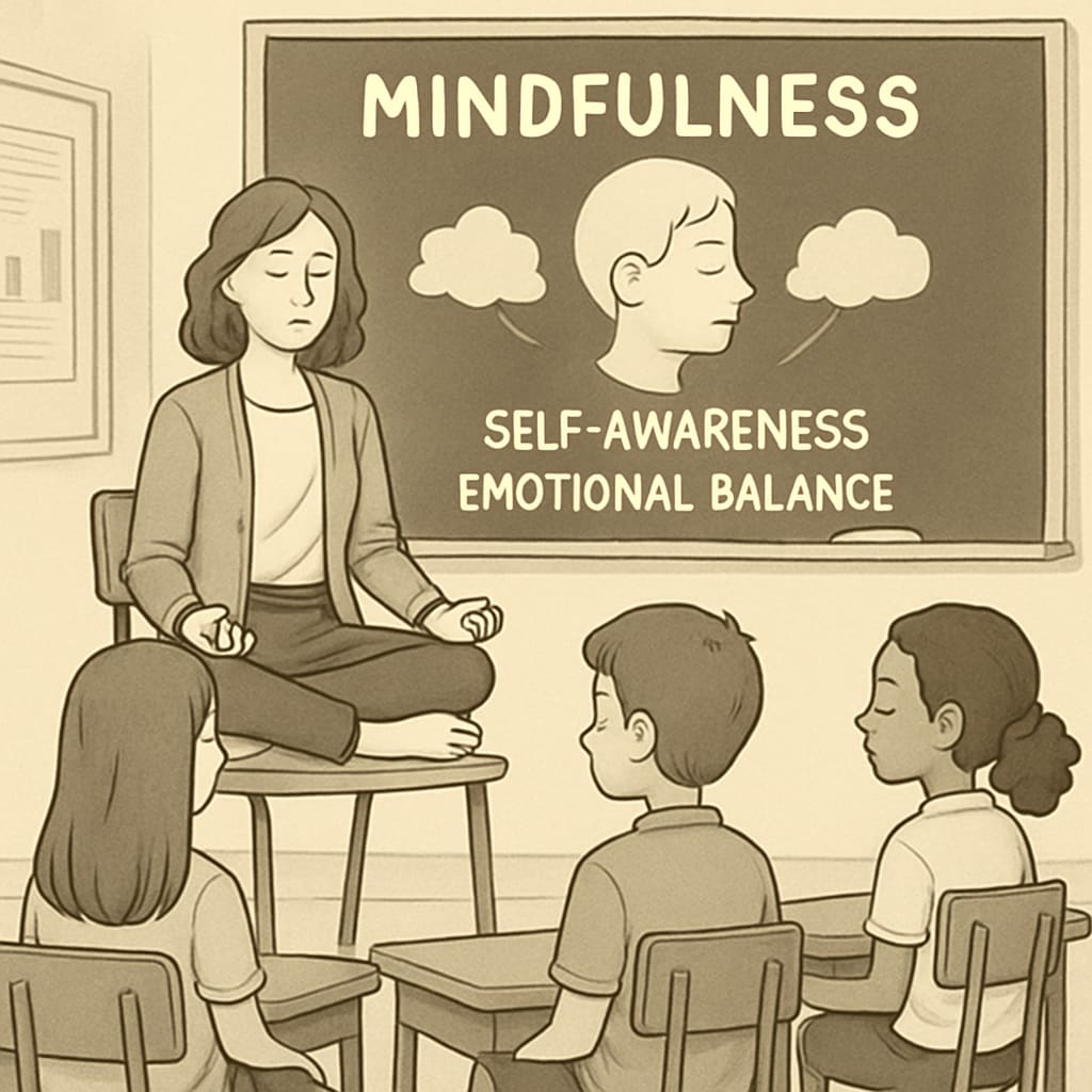Students participating in a mindfulness session led by a teacher inspired by Sadhguru.