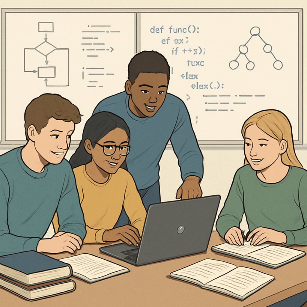 Students collaborating on an IT project, choosing university majors and career paths.