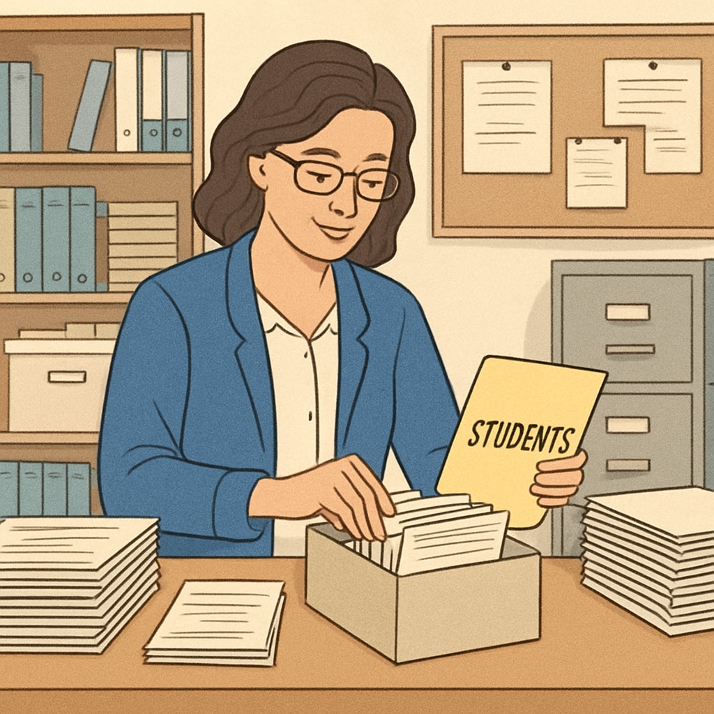 A school registrar organizing student records and documents in an office setting. School registrar managing student records in a K12 education environment.