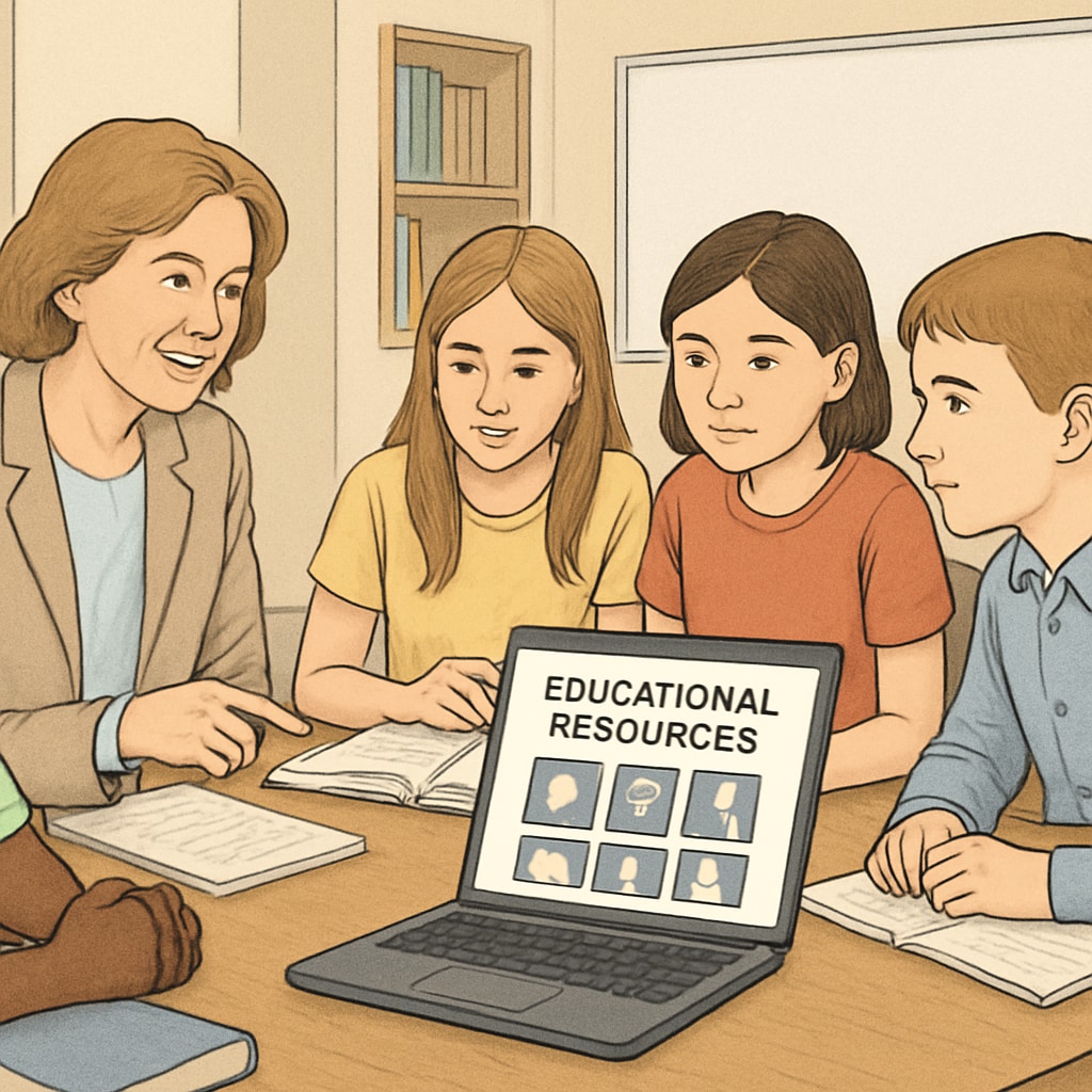 A teacher and students discussing educational resources on a laptop. A teacher and students exploring Reddit education subreddits on a laptop.