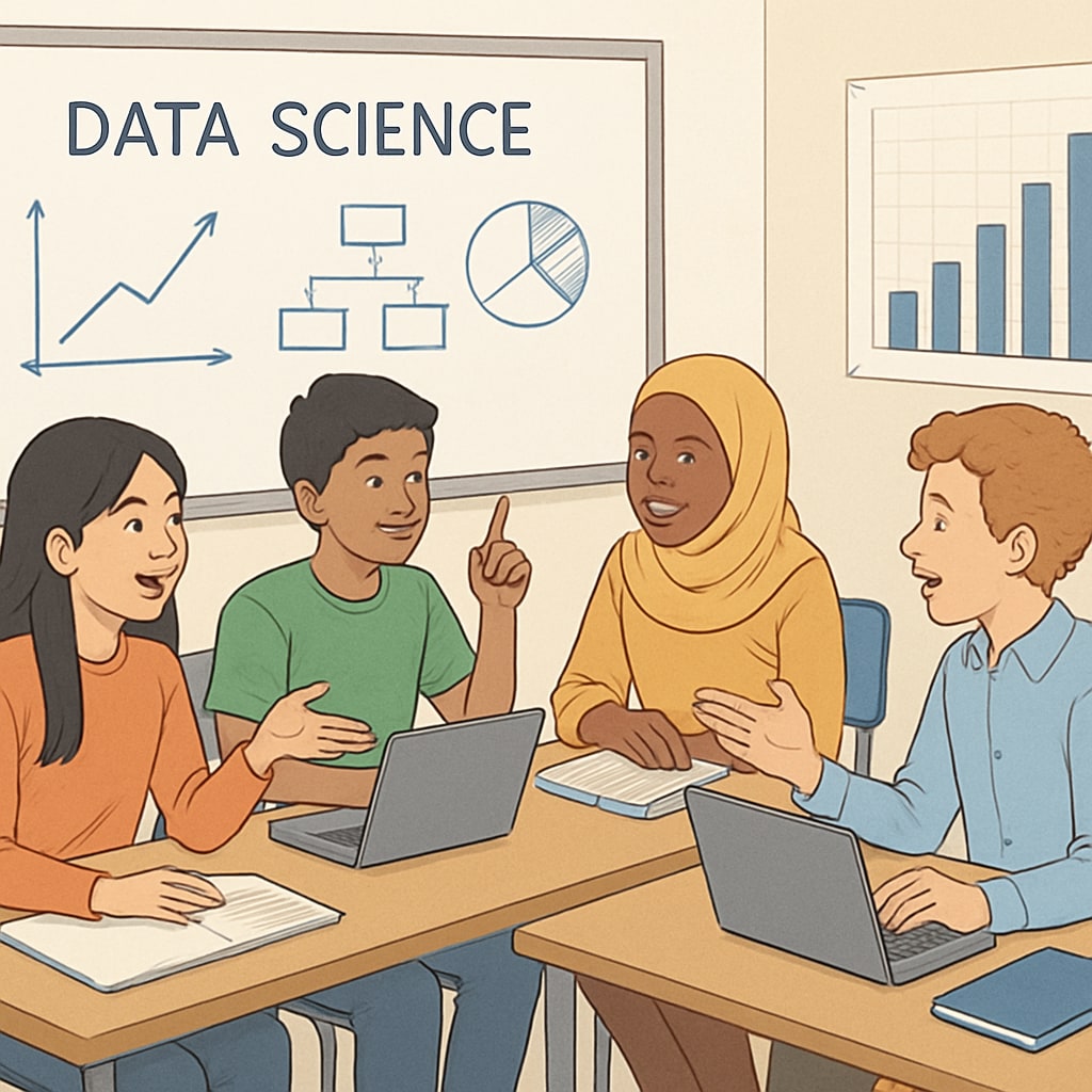 A classroom with international students discussing data science concepts. The setting visually represents the global interest in data science education among K12 students. International students discussing data science concepts in a classroom.