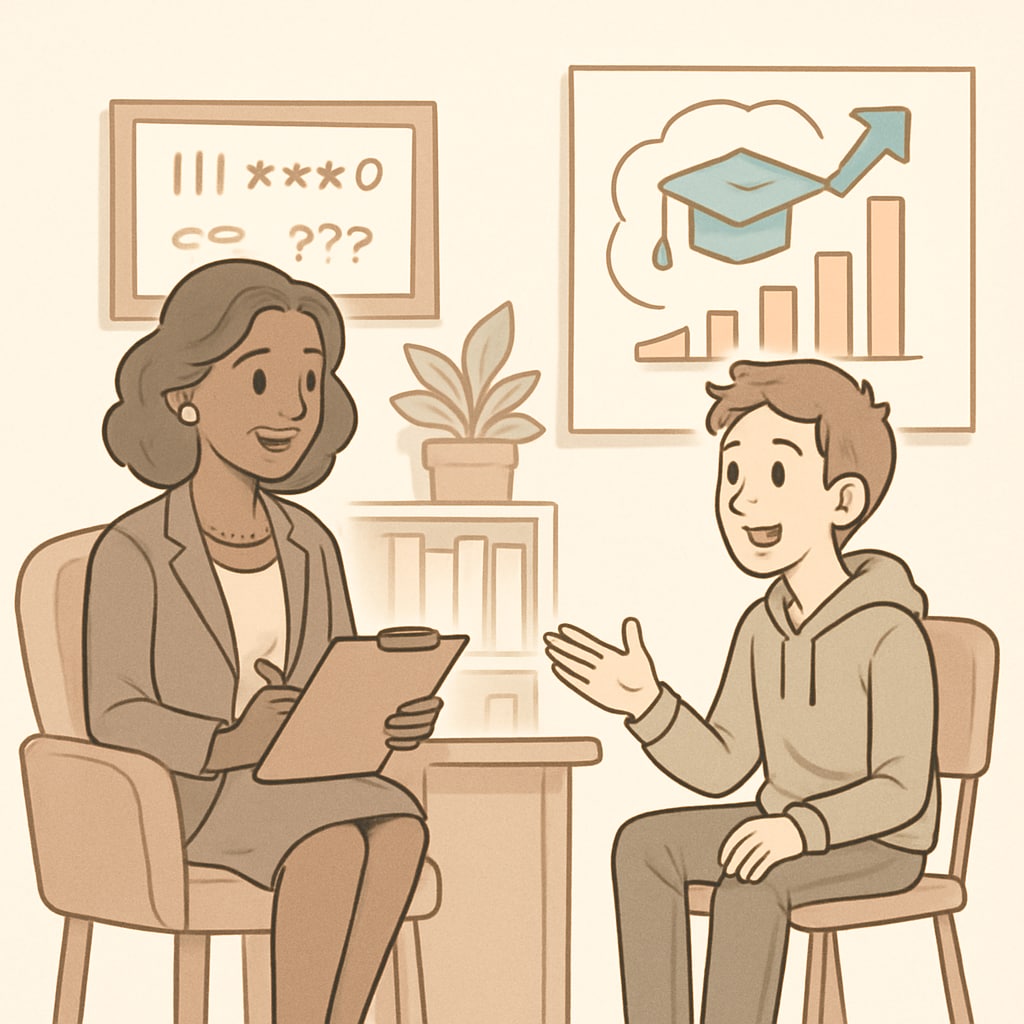 A school counselor sitting with a student in a private office, discussing academic goals. School counselor helping a student plan their academic future in a K12 school.