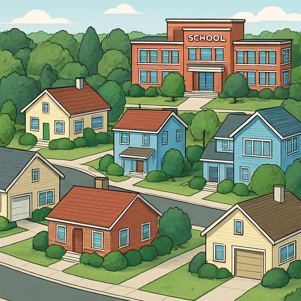 A suburban neighborhood with homes near a top-ranked school, showcasing the premium housing market. Homes in a top-ranked school district, illustrating the link between school quality and property values.