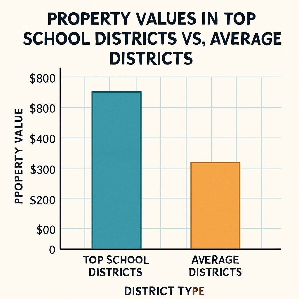 A chart comparing property values in top school districts versus average districts across the U.S. Chart showing higher property values in top school districts compared to average districts.
