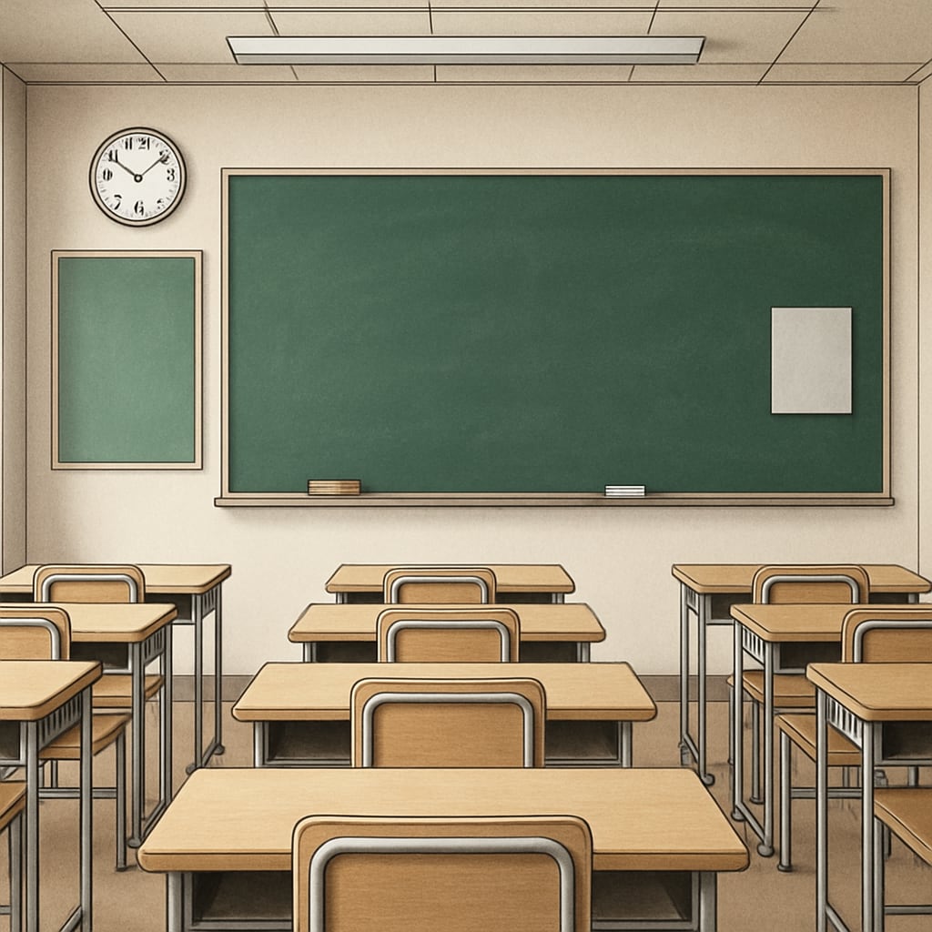 A classroom with empty desks and a chalkboard, symbolizing teacher absence. Empty classroom desks representing