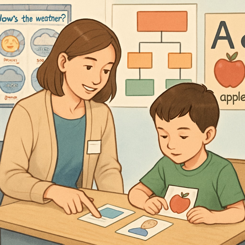 A teacher assistant working one-on-one with a student, using visual aids to enhance learning and communication. Teacher assistant using visual aids to support a student with autism.
