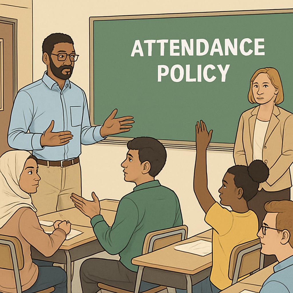 A classroom setting where students and teachers are discussing attendance policies, emphasizing fairness and inclusivity. Discussion on attendance policies in a classroom setting.