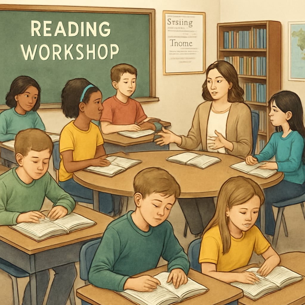 A classroom of fifth-grade students engaged in a reading workshop, with a teacher guiding a small group discussion. Fifth-grade students in a reading workshop with teacher guidance.