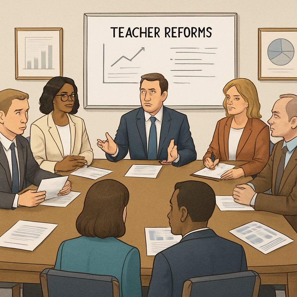 A meeting room with policymakers discussing teacher-related reforms. Policymakers deliberating on educational reforms inspired by