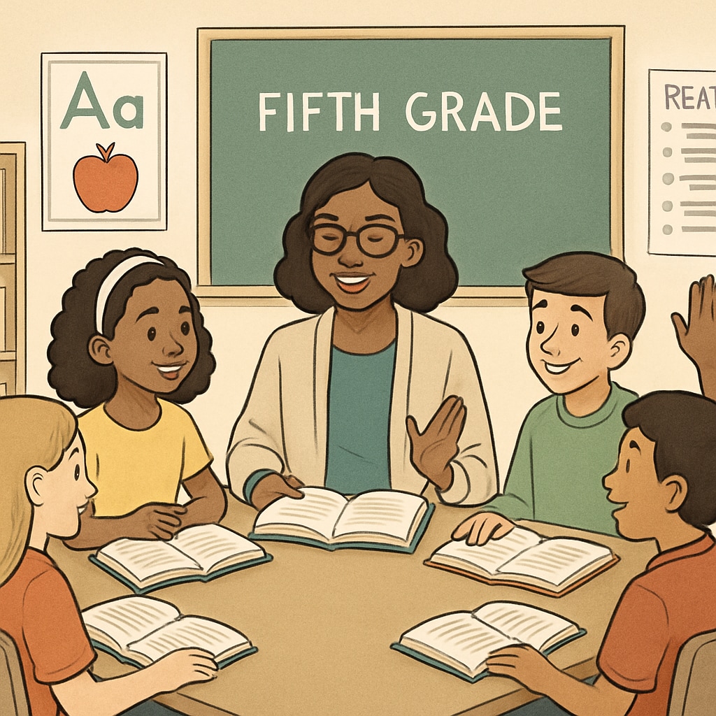 A teacher conducting a guided reading session with a diverse group of fifth-grade students. Fifth-grade guided reading session led by a teacher.