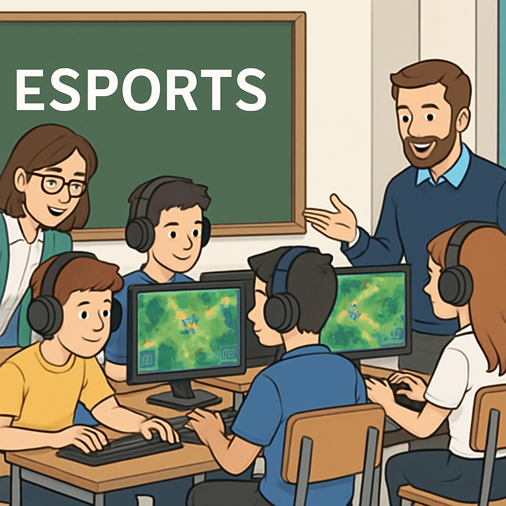 A classroom setting where students are engaging in an esports competition, with teachers guiding the learning process. Students participating in an esports competition as part of a classroom lesson.