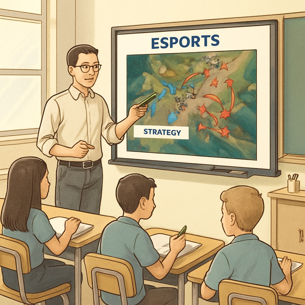 A teacher conducting a lesson that integrates esports, with students analyzing game strategies on a smartboard. Teacher using esports to teach strategies and skills in a classroom setting.