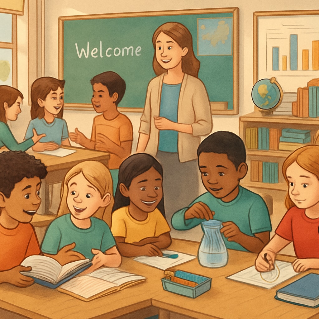 A classroom in the U.S. showcasing diverse learning activities, symbolizing creativity and collaboration. U.S. classroom with students engaged in creative and collaborative activities.