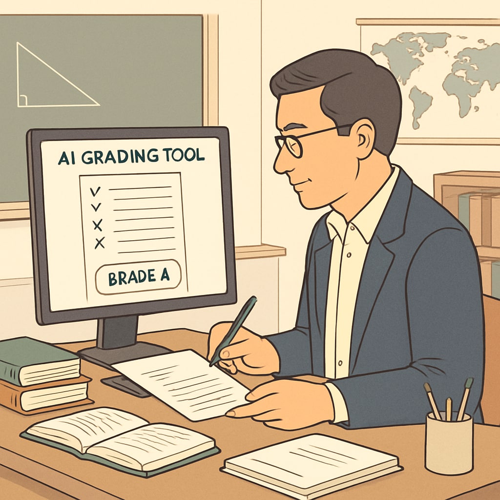 A teacher using an AI-powered grading tool to assess student work. Teacher using AI tool to grade assignments, reducing administrative workload.