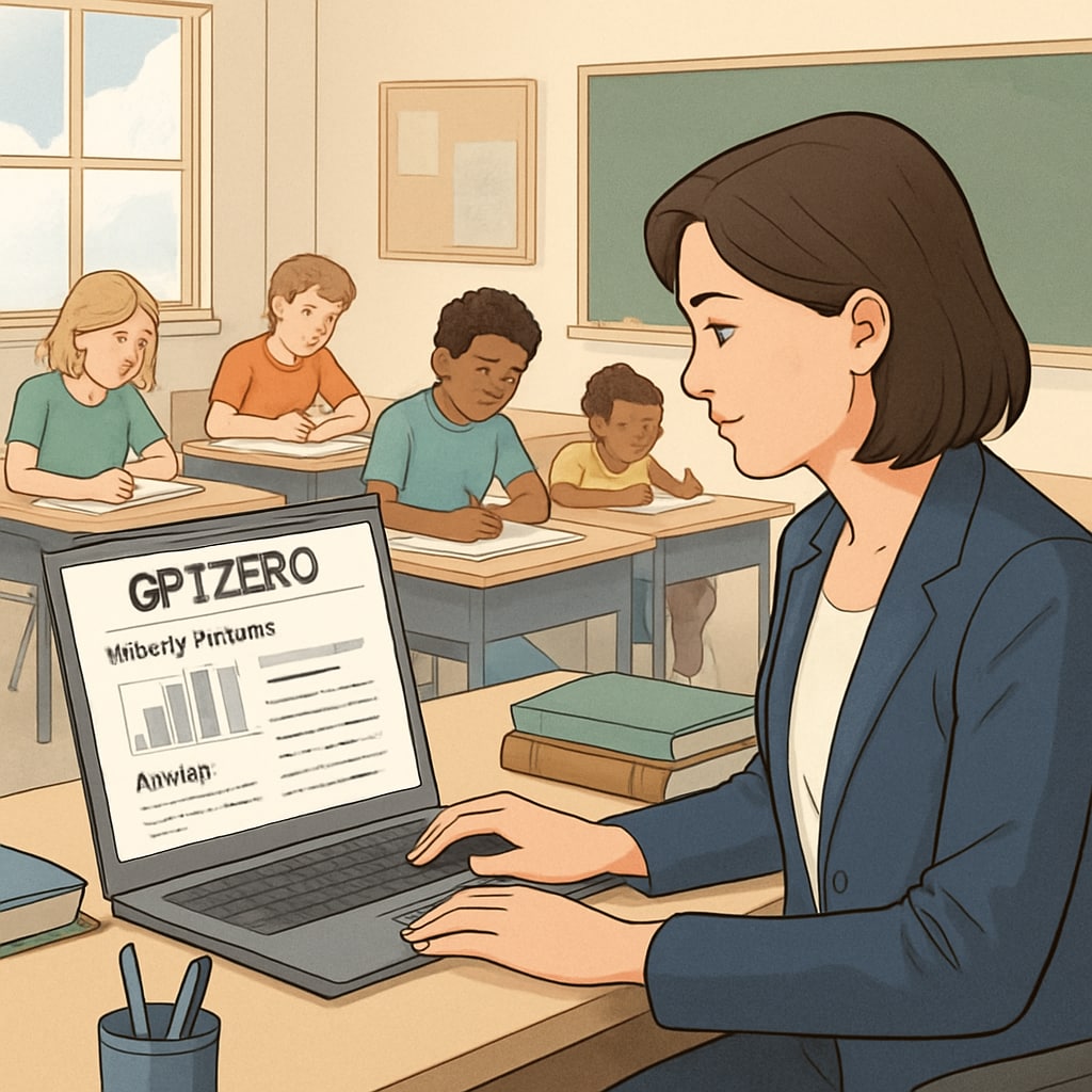 A teacher using GPTZero on a laptop to monitor student writing progress in a classroom setting. Teacher monitoring student writing with GPTZero in a classroom.