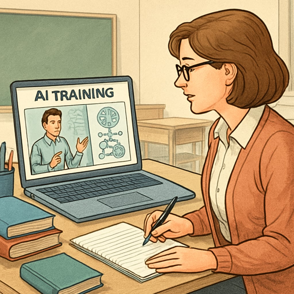 A teacher attending an online training session to learn AI tools. Teacher participating in AI training session to integrate technology into education.