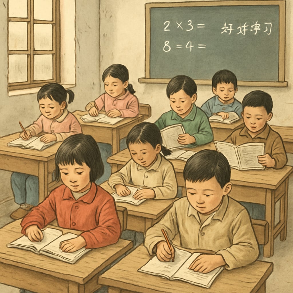 Chinese students in a rural classroom, reflecting the disparity in resource allocation between urban and rural areas. Rural Chinese classroom showing limited resources compared to urban schools.