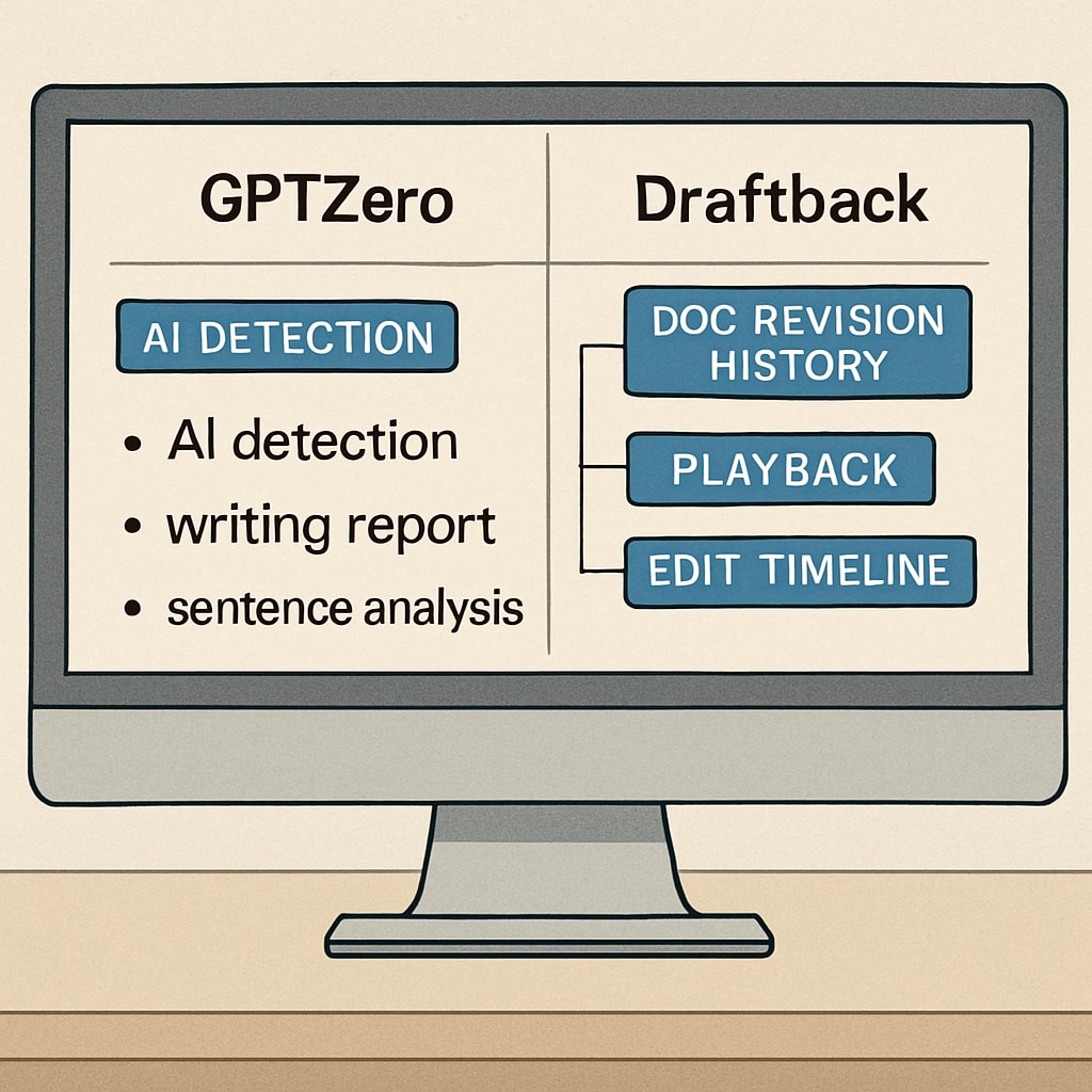 A side-by-side comparison of GPTZero and Draftback features displayed on a computer screen. Comparison of GPTZero and Draftback features for writing process monitoring.