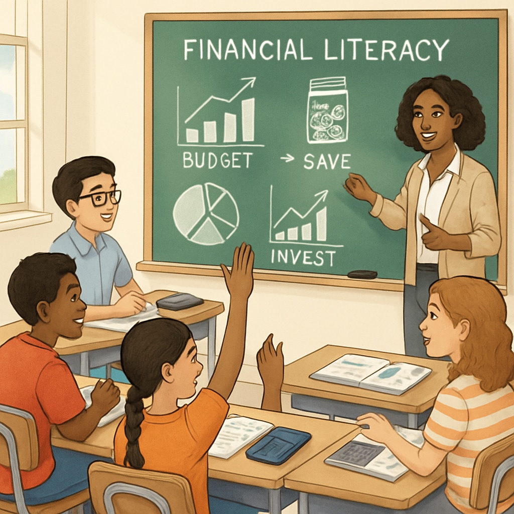 A classroom of diverse students actively participating in a financial literacy workshop. Students in a financial literacy workshop, part of K12 education for career planning.