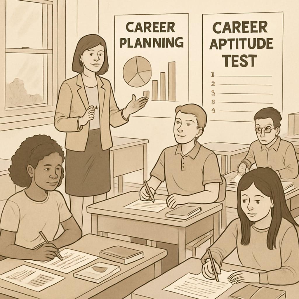 A classroom filled with students engaging in a career-planning workshop, with a teacher guiding them through career aptitude tests. Students in a career-planning workshop discussing professional pathways and academic requirements.