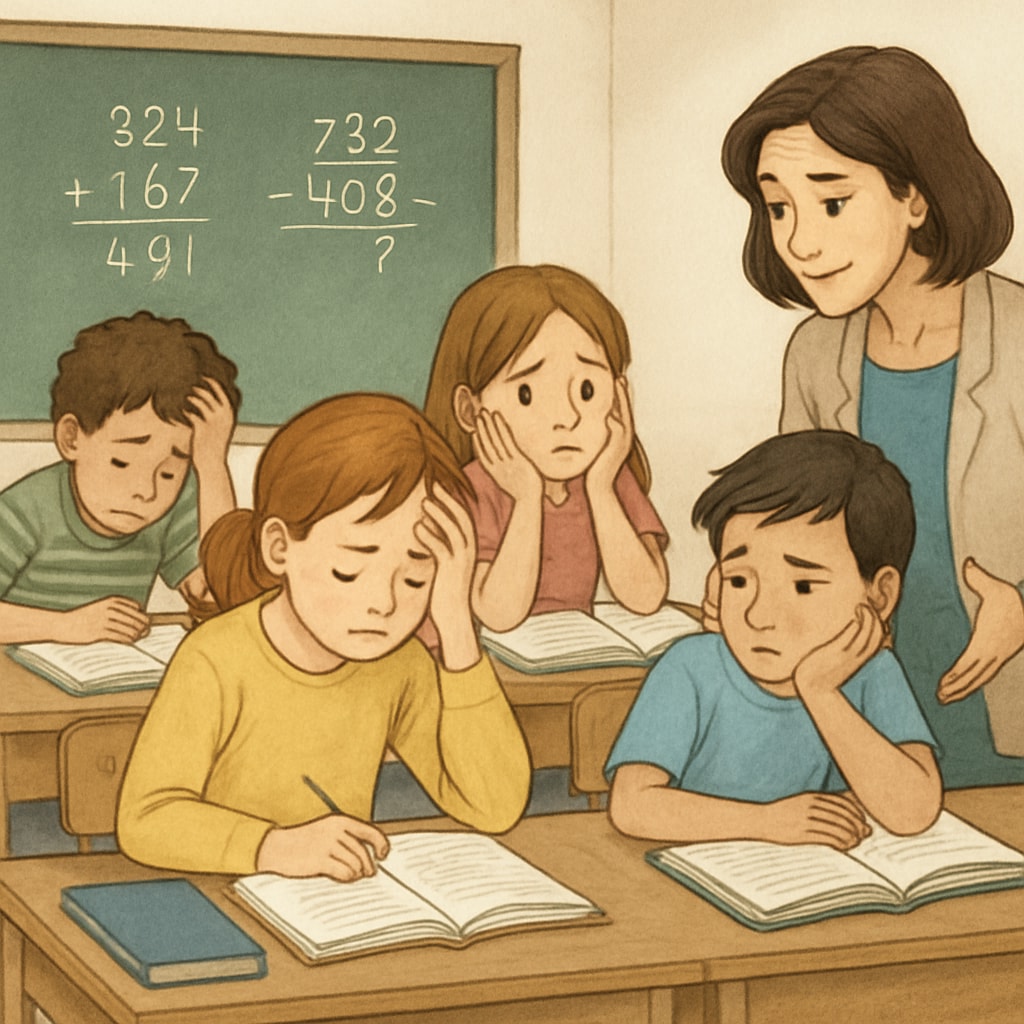 A classroom of young children with a teacher, emphasizing the stress of academic expectations. Young students in a classroom experiencing academic stress related to college preparation.