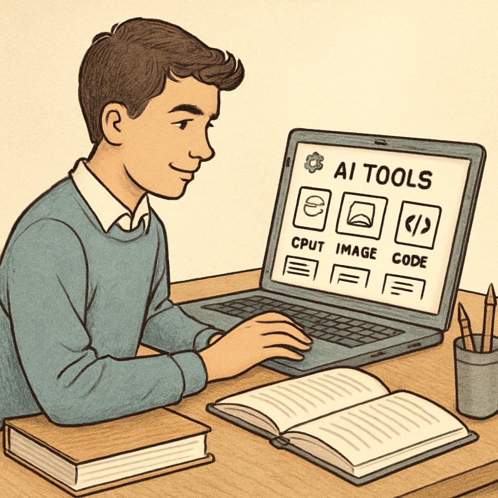 A student working with a laptop, with an AI tools interface visible on the screen, symbolizing academic success. A student using AI tools for studying, representing improved GPA and learning efficiency.